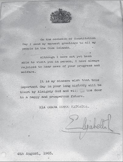 Brief Elizabeth aan Cookeilanden